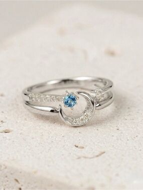 Platinum Plated Moon & Star Stacking Ring Set 2 Pcs | Blue & White CZ Midi Rings